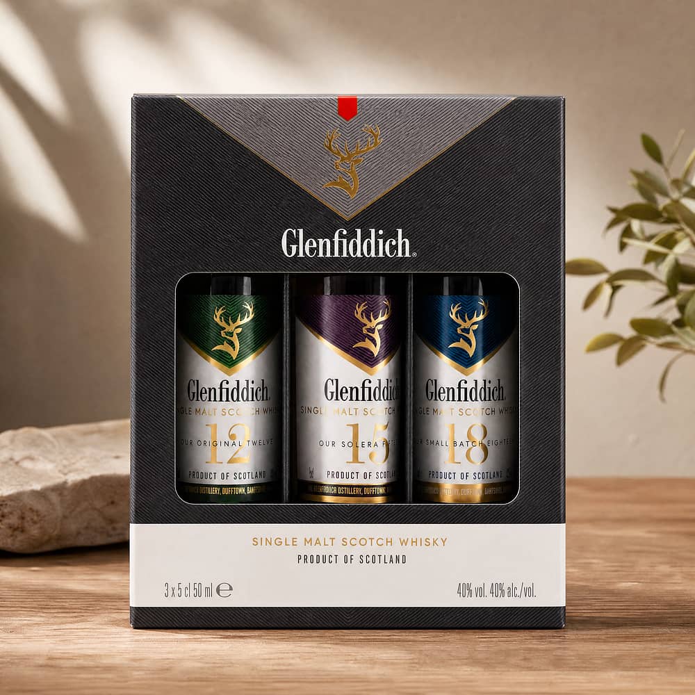 Glenfiddich Tasting Pack 12, 15 & 18 Jahre je 0,05l 0,150 Liter/ 40.0% vol Produktbild