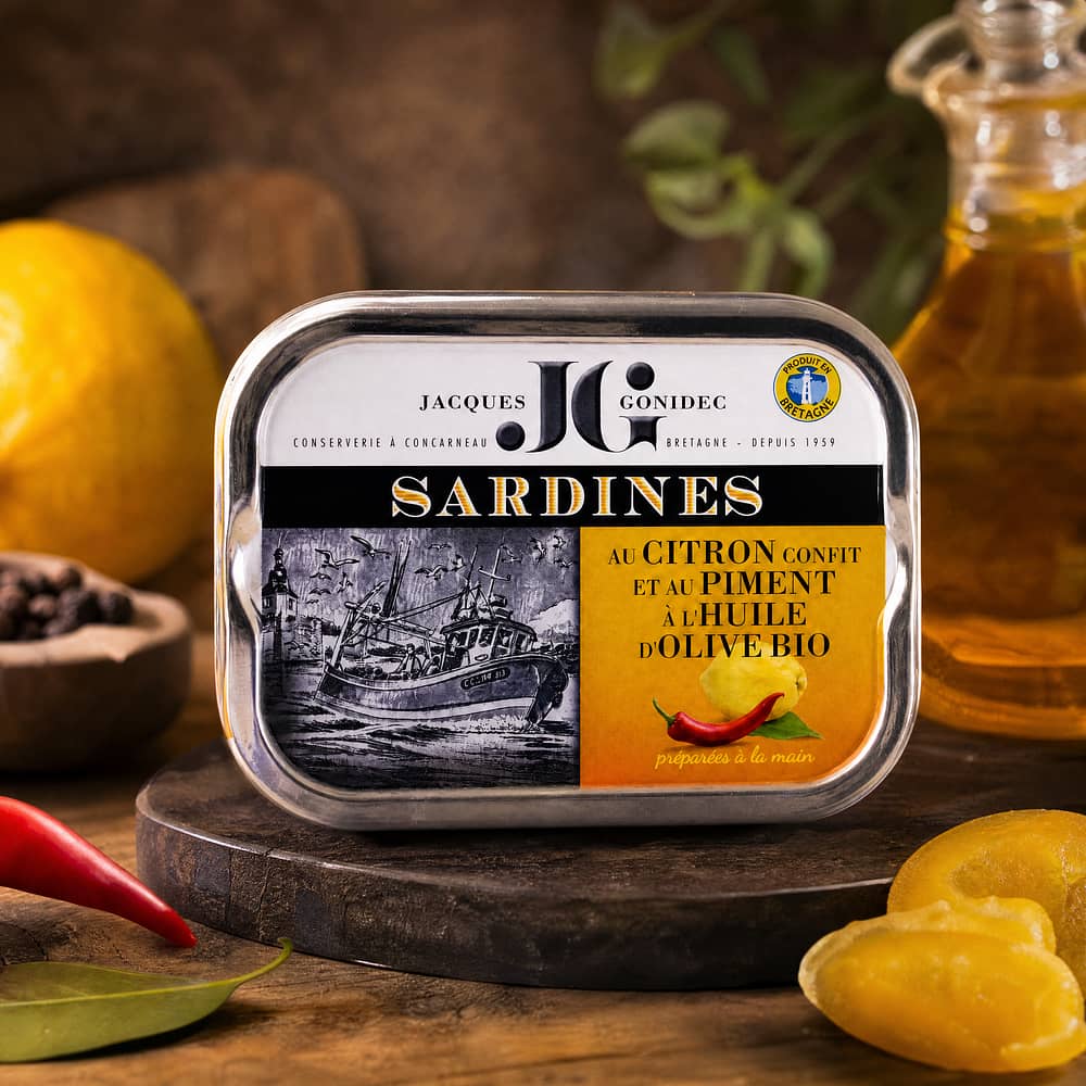 Jacques Gonidec Pikante Sardinen in Olivenöl mit kandierter Bio-Zitrone und -Piment 115g 87 Gramm Abtropfgewicht Produktbild