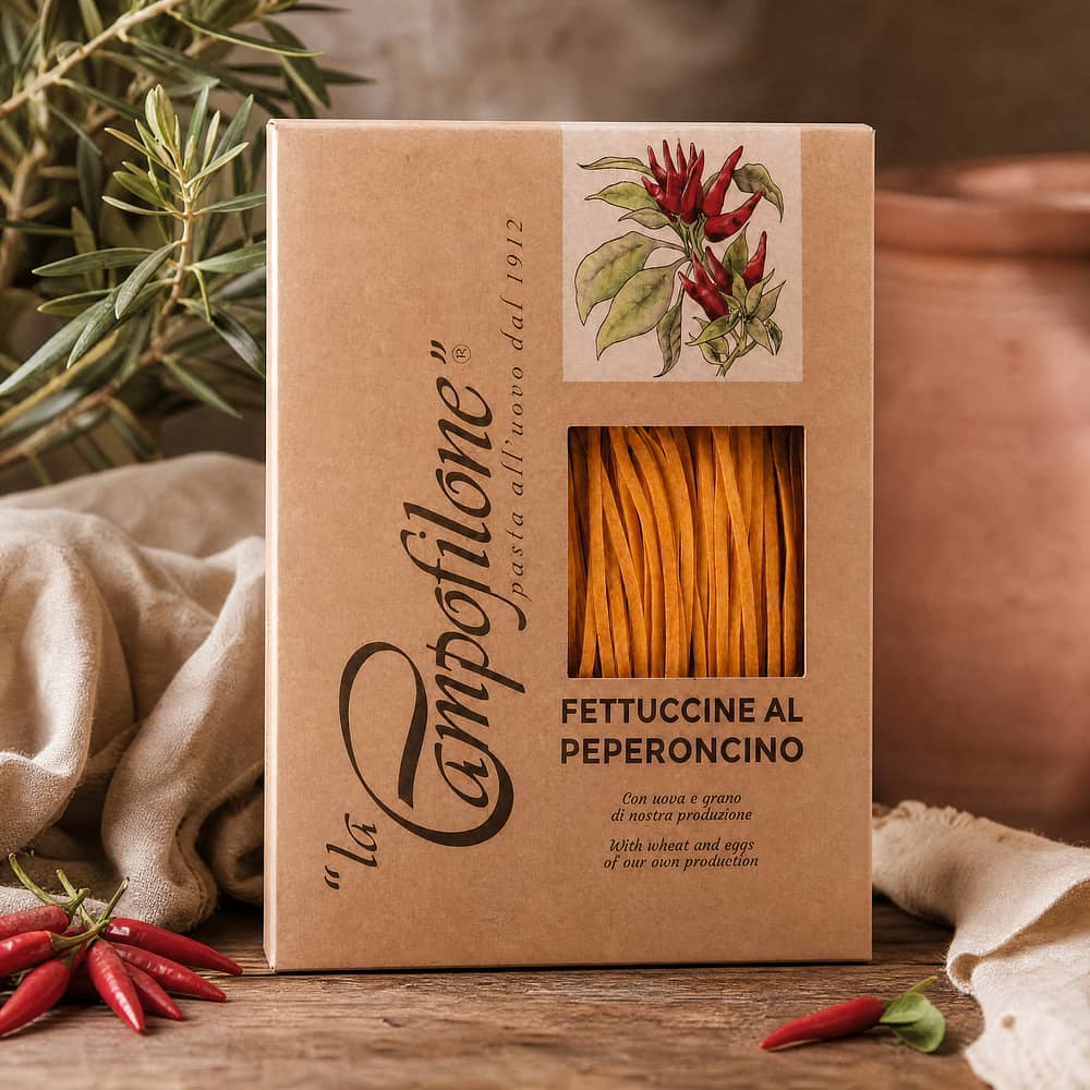 La Campofilone Fettuccine Eiernudeln mit scharfer Paprika 250 Gramm Produktbild