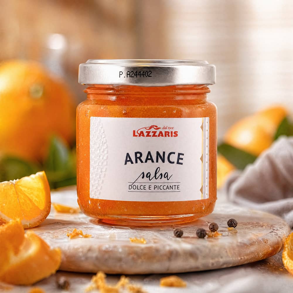 Lazzaris Orangen-Sauce aus kandierten Früchten mit Senfaroma Orangen Sauce Süß-Scharf 120 Gramm Produktbild