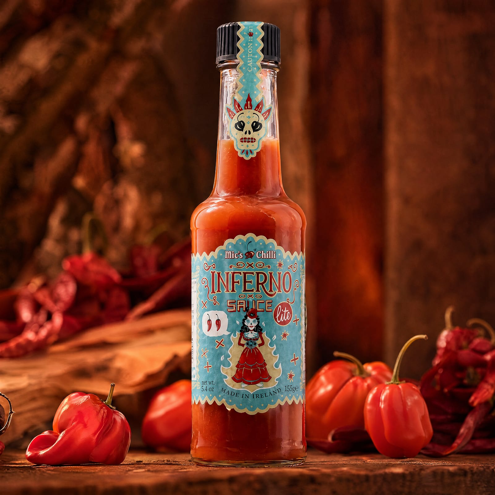Mic's Chilli Inferno lite sehr scharfe Chili-Sauce 3 Habanero-Chili pro Flasche 14.000 Scoville 155 Gramm