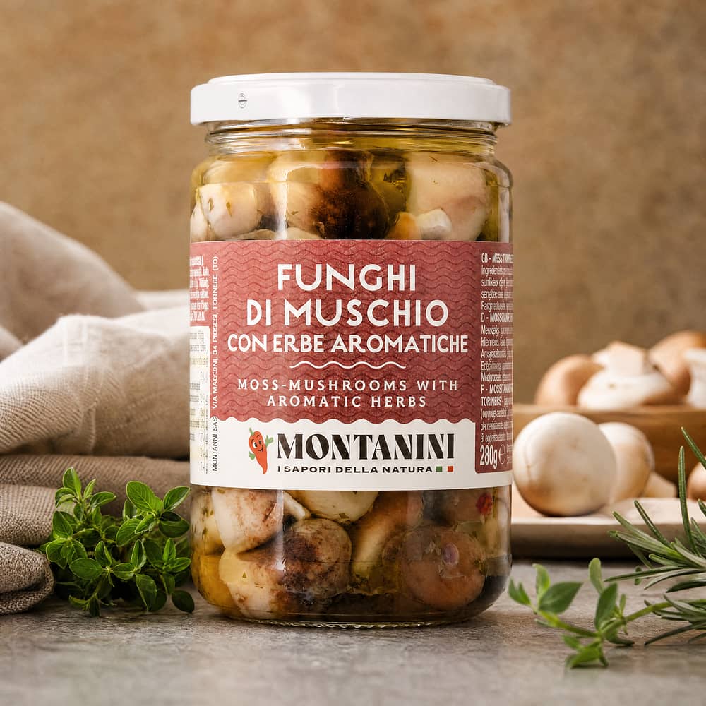 Montanini Funghi di muschio Moospilze mit Würzkräuter in Sonnenblumenöl 280 Gramm Produktbild