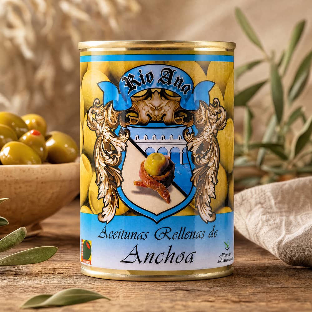 Rio Ana Aceitunas Rellenas de Anchoa Grüne Oliven gefüllt mit Sardellenpaste 292g 120 Gramm Abtropfgewicht Produktbild