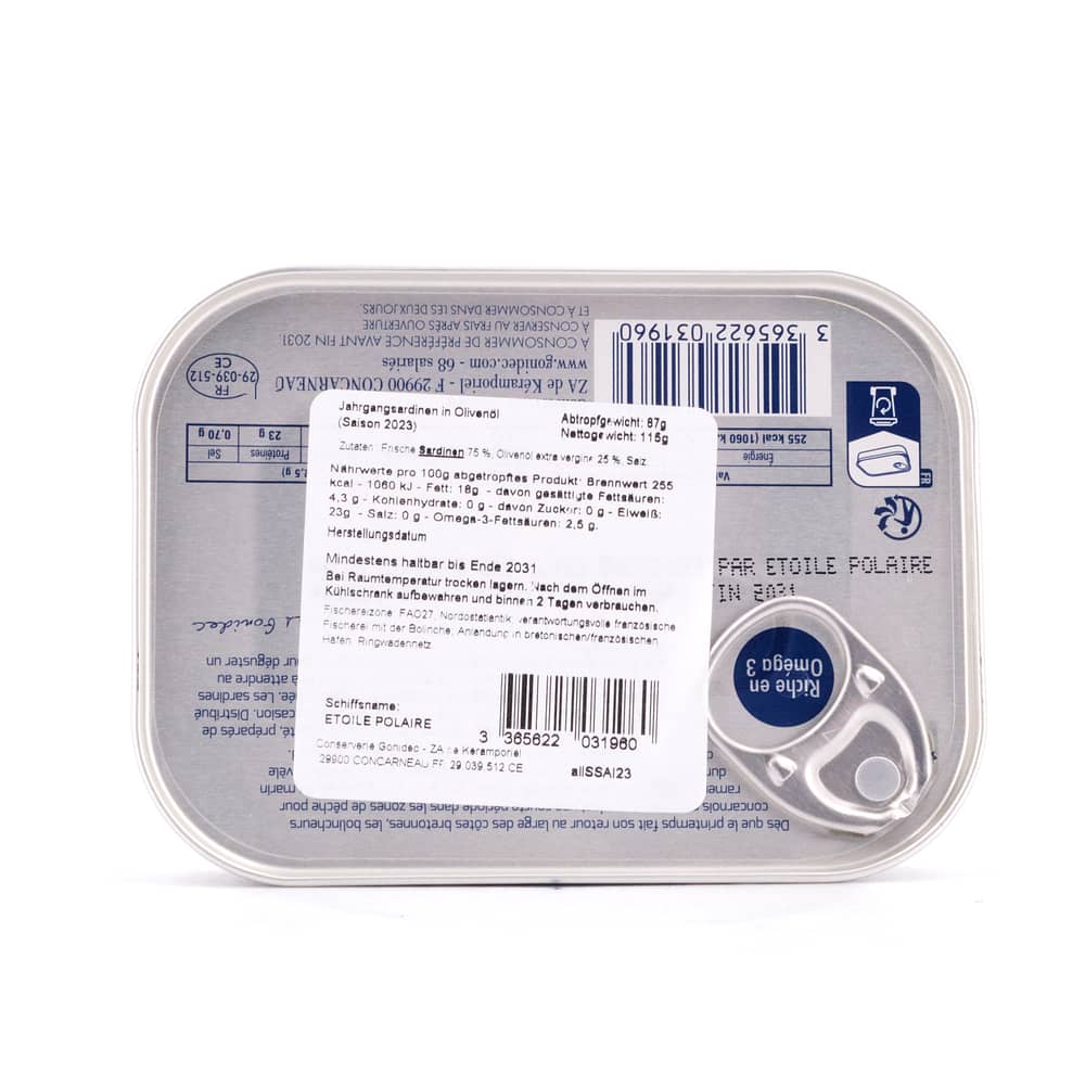 Mouettes d'Arvor Jahrgangs- Sardinen in Olivenöl Jahrgang 2023 115g 87 Gramm Abtropfgewicht Produktbild