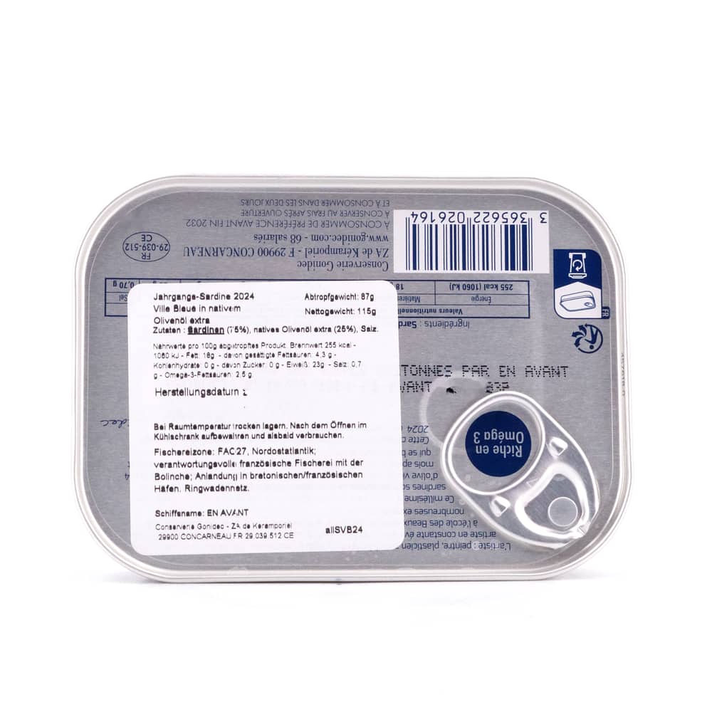 Mouettes d'Arvor Jahrgangs- Sardinen in Olivenöl Jahrgang 2024 115g 87 Gramm Abtropfgewicht Produktbild