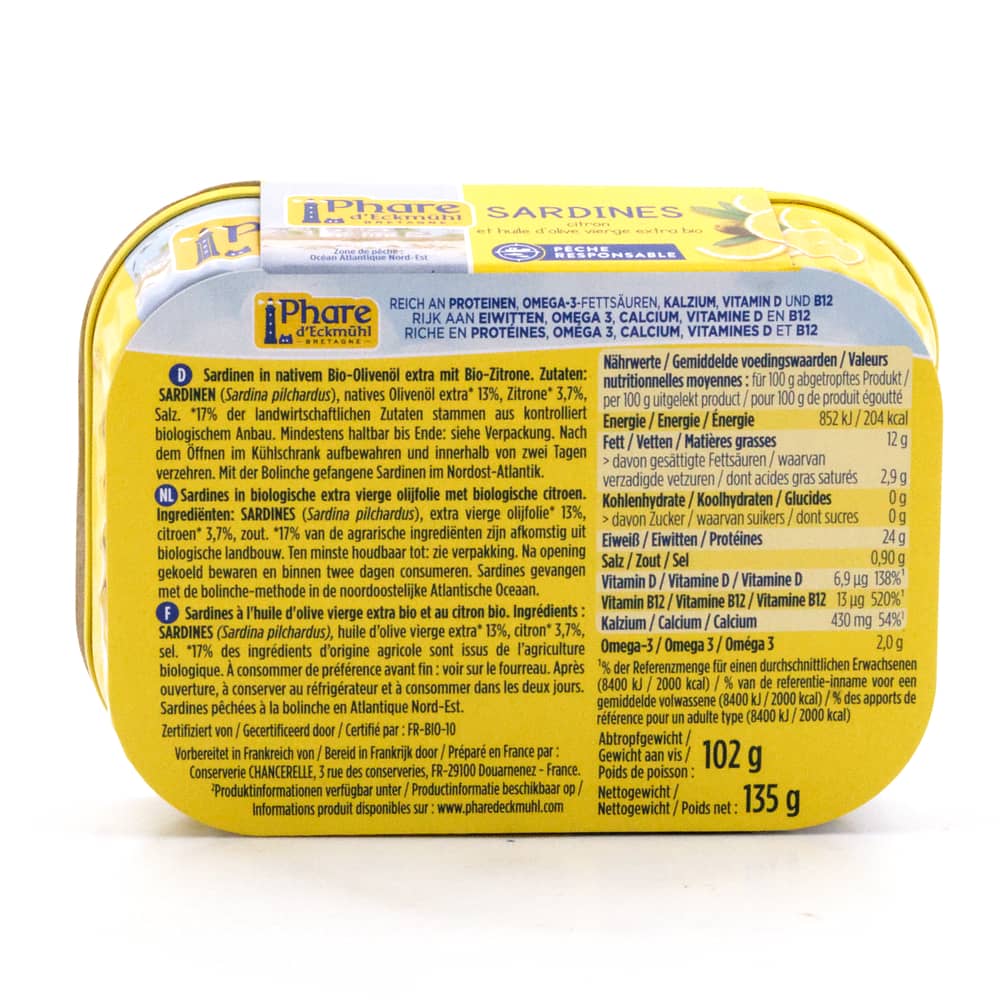 Phare d'Eckmühl Sardinen Zitrone und nativem Olivenöl extra 135g 102 Gramm Abtropfgewicht Produktbild