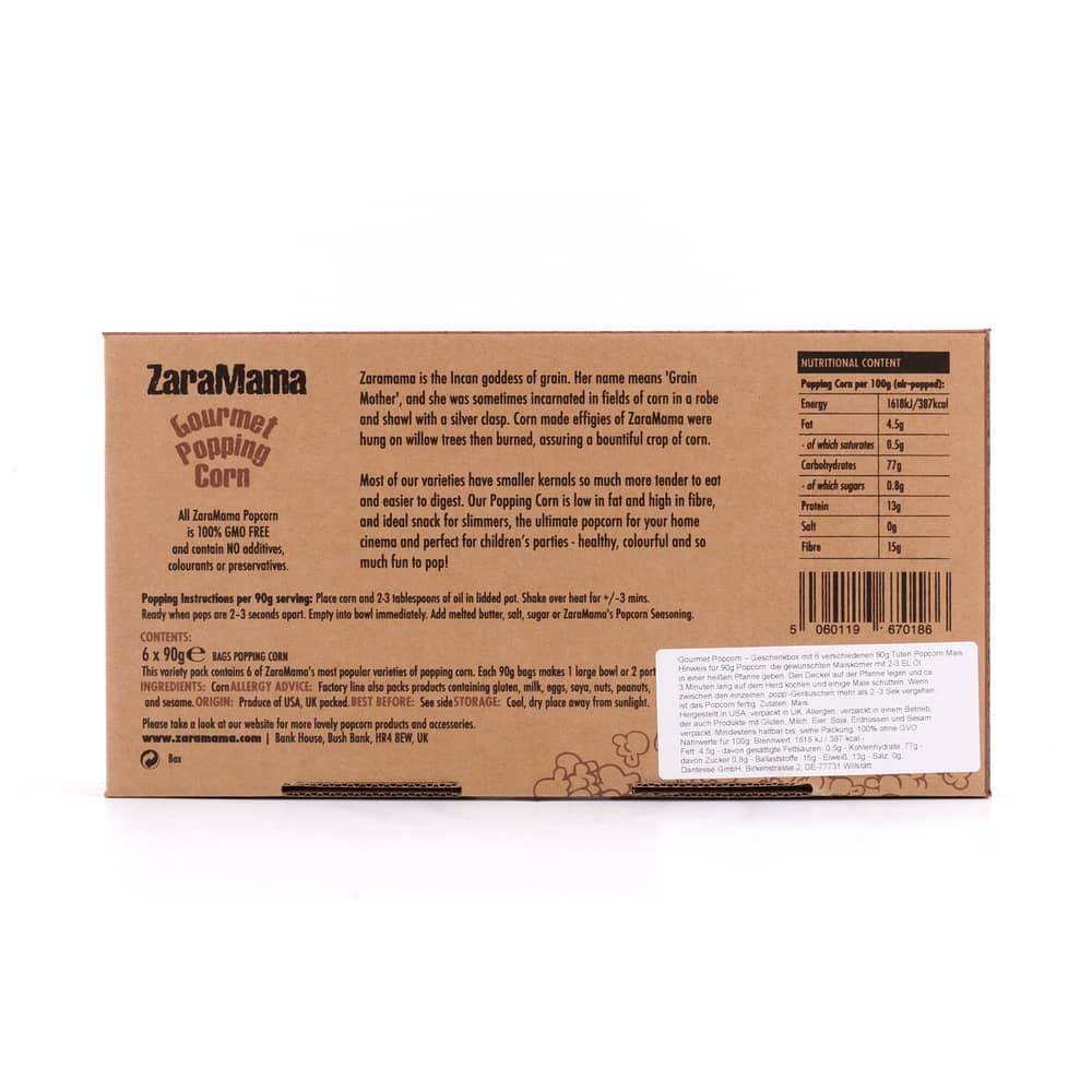 ZaraMama Popcorn 6er Geschenkbox 100% Gentechnikfrei 6 verschiedene Maiskörner in je 90g Packungen 540 Gramm Produktbild